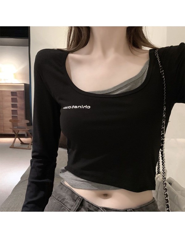 Containing cotton 2024 autumn new short models Slim thin T-shirt female careful long-sleeved fake two pieces navel blouse ins
