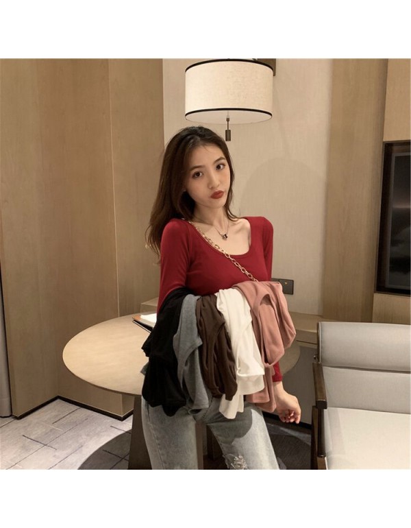 Round neck bottoming shirt women's autumn and winter new inner top Slim outer wear girls casual big U collar long-sleeved t-shirt female