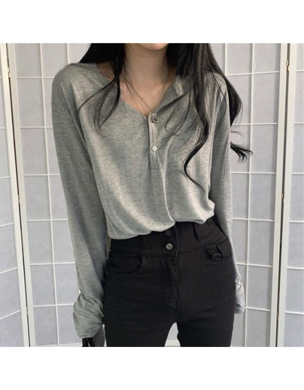 Spring thin section of solid-coloured bottoming shirt Korean version of the student couples dress lantern sleeves loose sweater long-sleeved t-shirt women tide